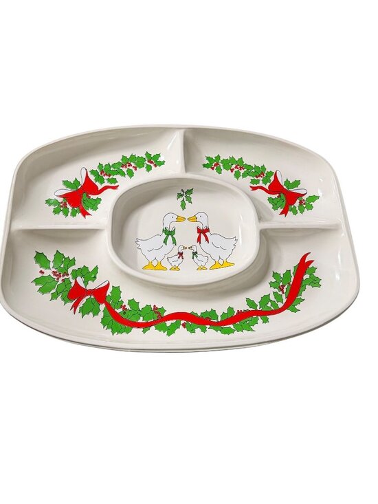 Virginia Other - Vintage Plastic Christmas Divided Serving Tray Ducks Holly Ribbon